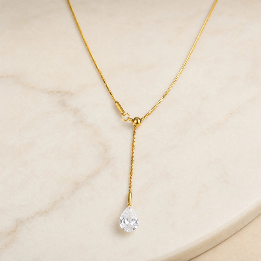18K Gold Lariat Y-Necklace with Teardrop CZ – Women's Jewelry Lariat Pendant Necklace SPOT