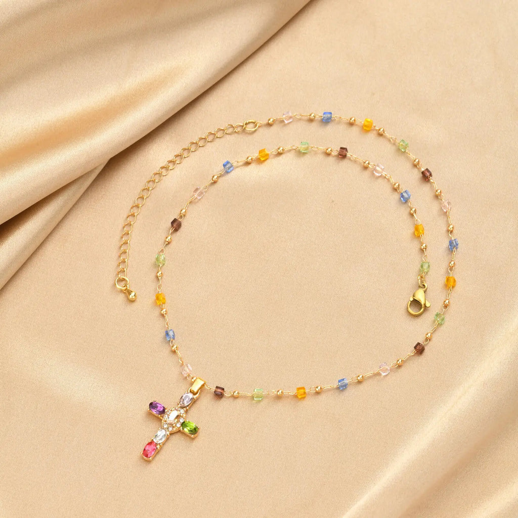 Rainbow Crystal Cross Necklace – Zircon Boho Clavicle Chain Pendant Necklace SPOT