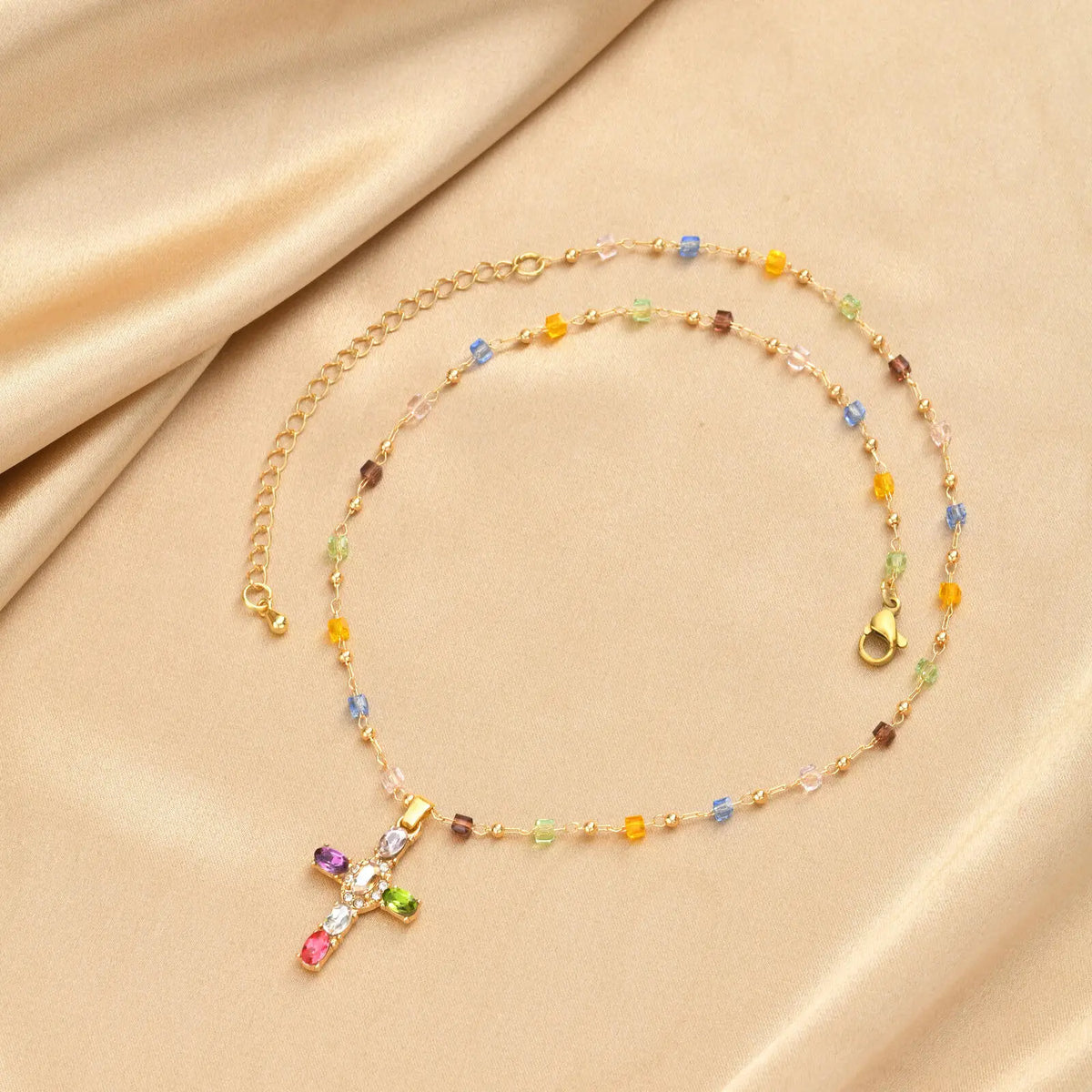 Rainbow Crystal Cross Necklace – Zircon Boho Clavicle Chain Pendant Necklace SPOT