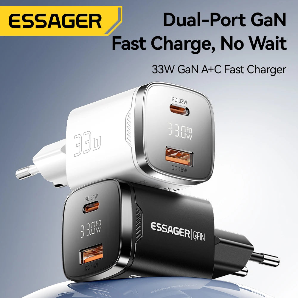 Essager 33W GaN USB-C Charger | Digital Display PD Fast Charging GaN Wall Charger SPOT