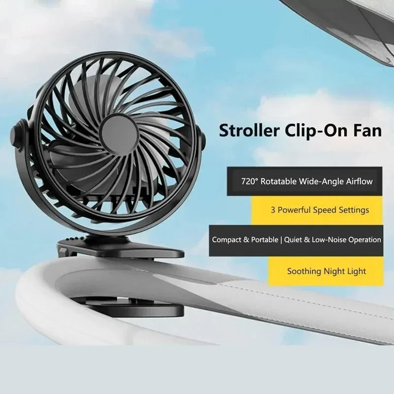 720° Rotatable USB Clip Fan – Portable Mini Fan with Night Light Portable Clip Fan SPOT