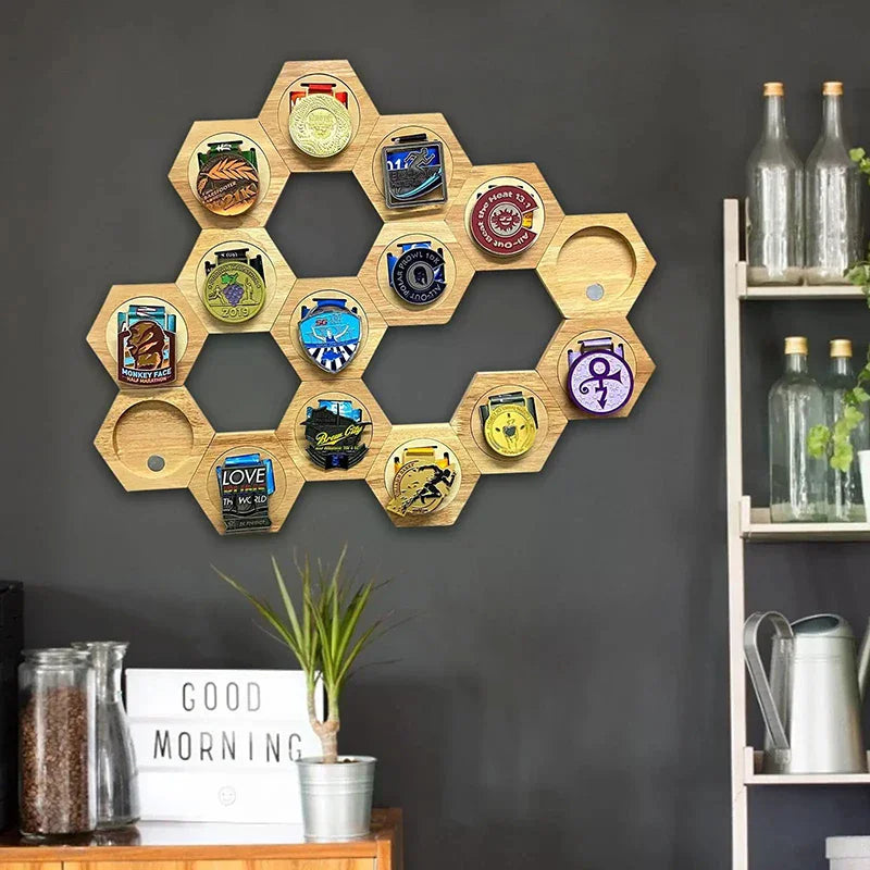 Wooden Hexagonal Medal Display Stand – Wall Mount Award Rack Medal Display Stand SPOT