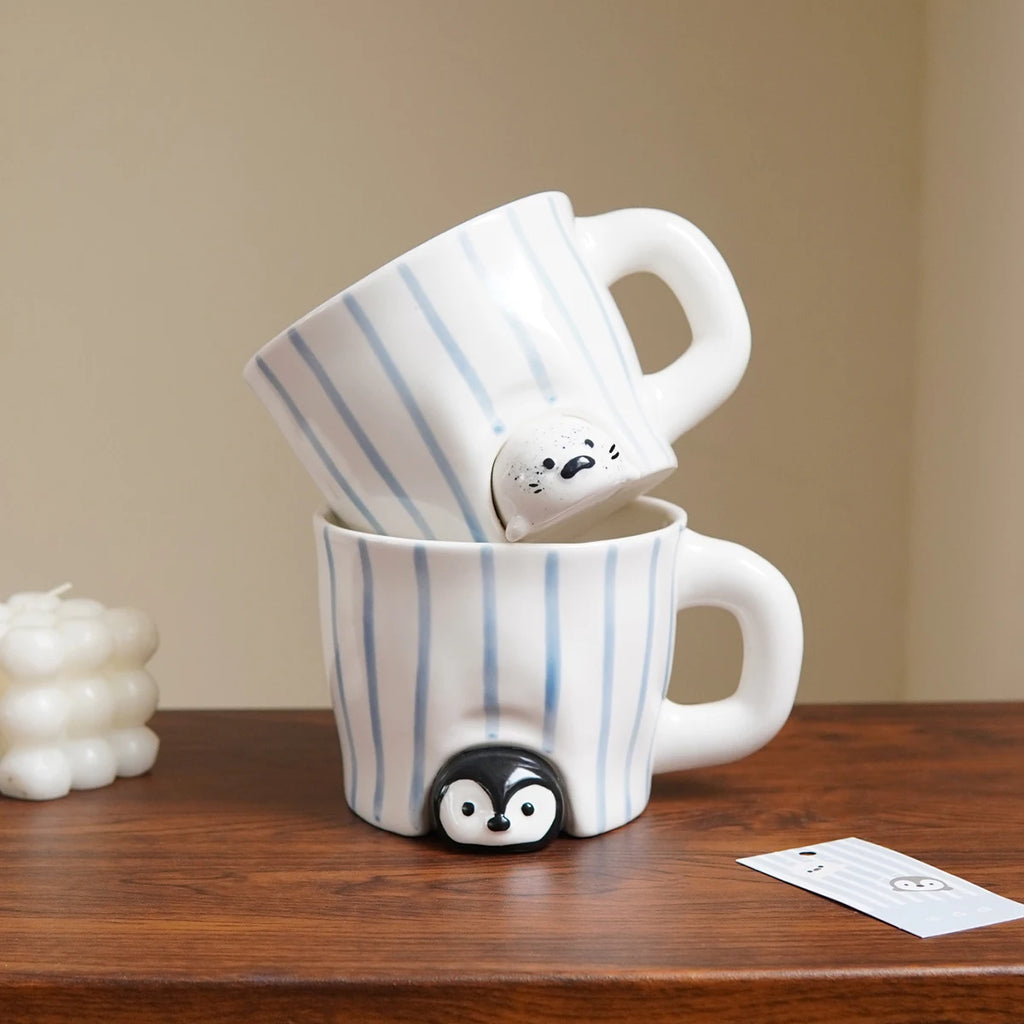 Cute Penguin Ceramic Coffee Mug – Striped Porcelain Cup Ceramic Coffee Mug SPOT