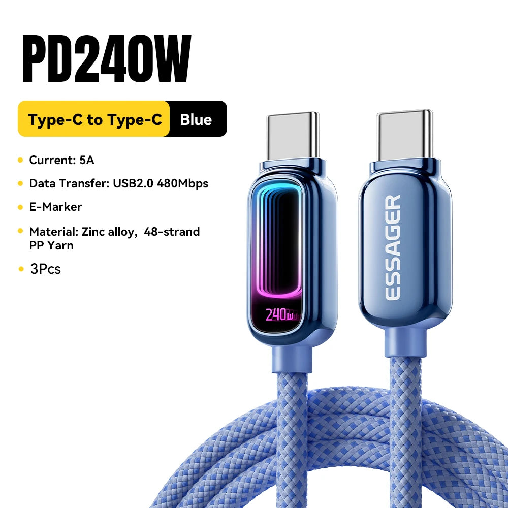 Essager 240W USB-C Cable 5A PD3.1 Fast Charging E-Marker LED USB-C Charging Cable SPOT 3Pcs Blue 240W 2m