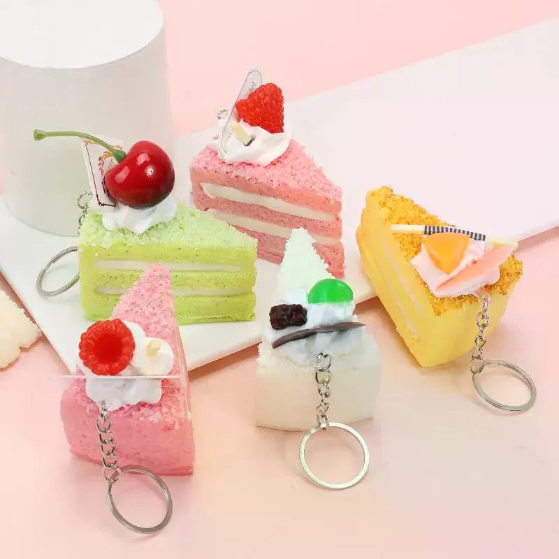 Realistic Cake Slice Keychain – PU Fruit Topping Bag Charm Novelty Keychain SPOT