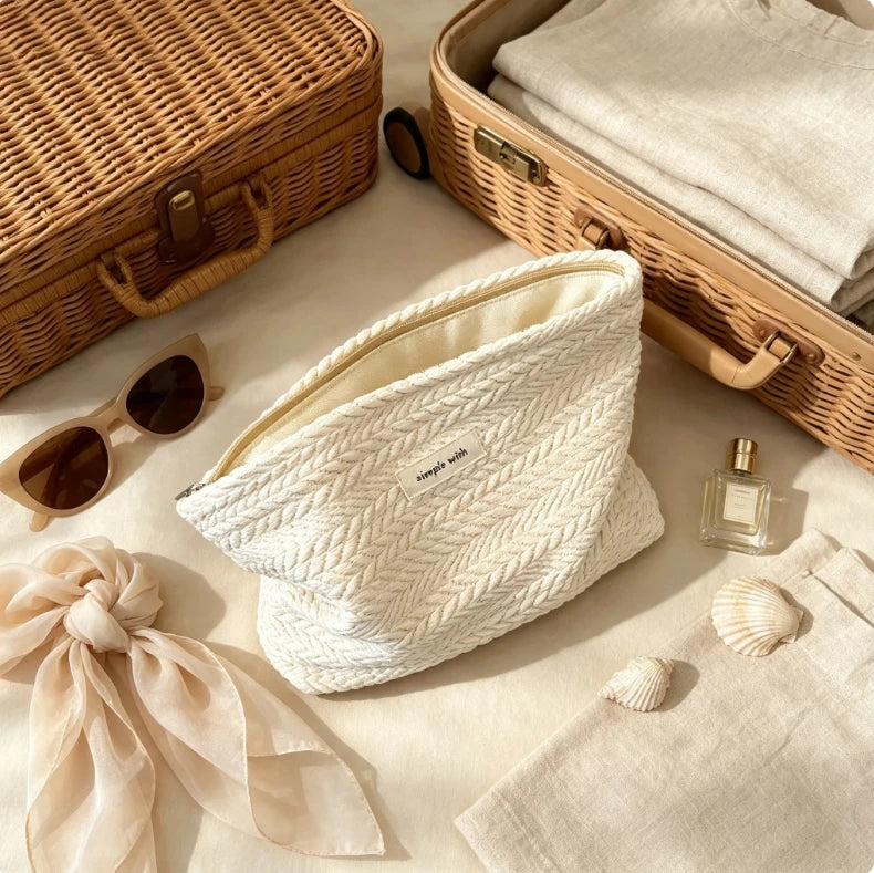 Woven Cosmetic Bag – Rice Grain Pattern Zipper Makeup Pouch Cosmetic Travel Bag SPOT