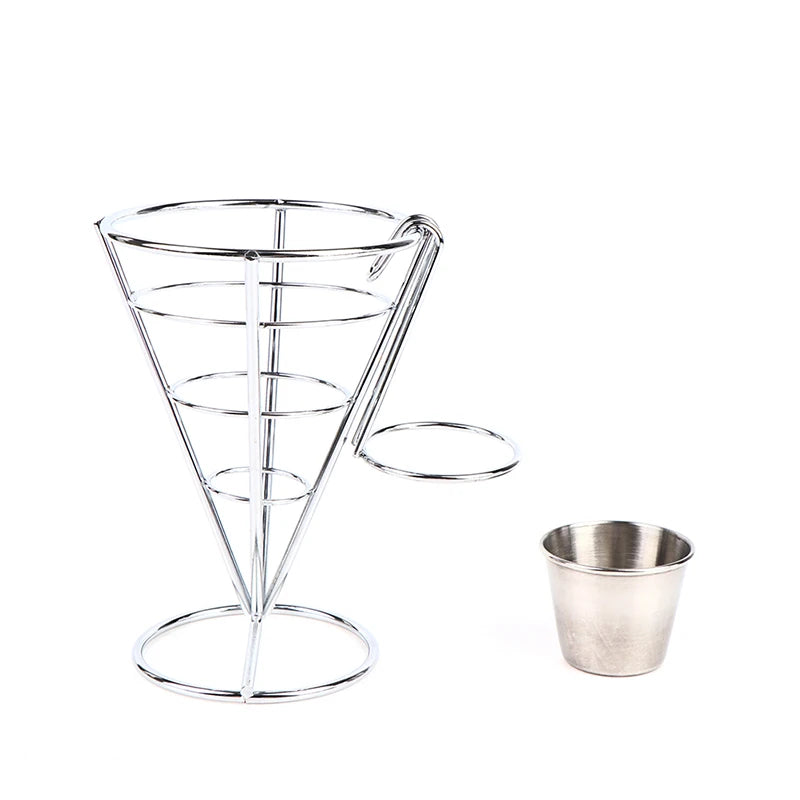 Stainless Steel French Fry Cone Basket Stand with Sauce Cup Fry Serving Basket SPOT