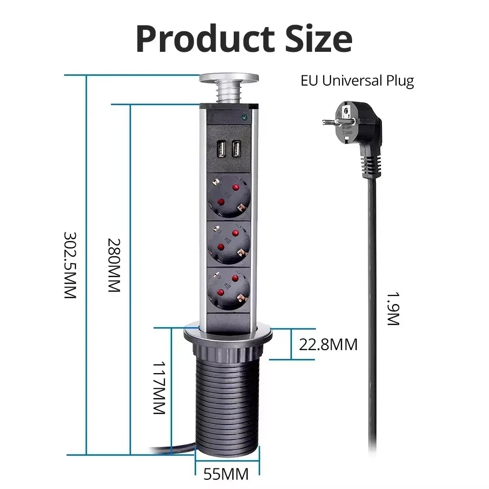 Retractable Pop-Up Desktop Socket – 3 Outlets + Dual USB, Aluminum Desktop Power Socket SPOT