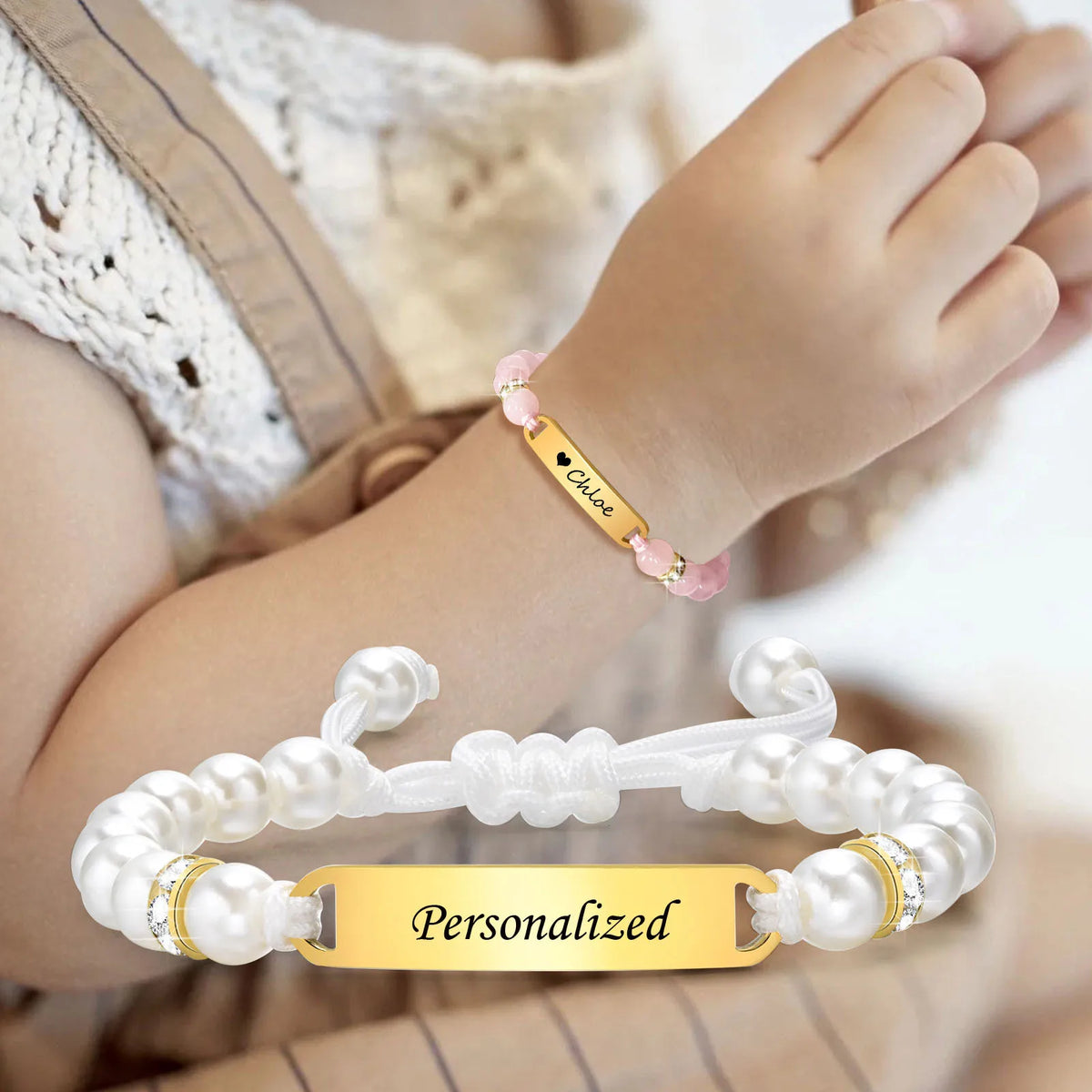 Personalized Kids ID Name Bracelet – Pearl Chain, Adjustable Kids ID Bracelet SPOT