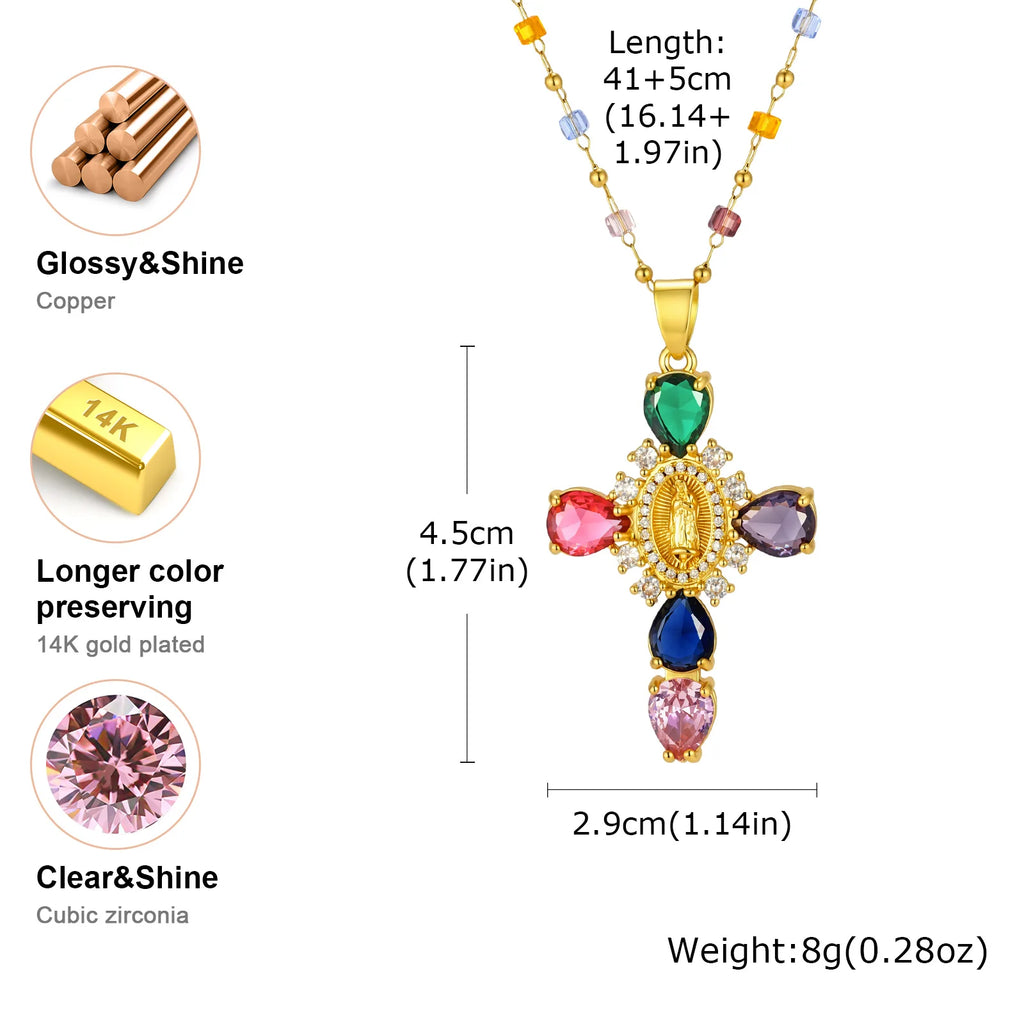 Multicolor CZ Cross Necklace – 18K Gold Plated Stainless Steel Cross Pendant Necklace SPOT
