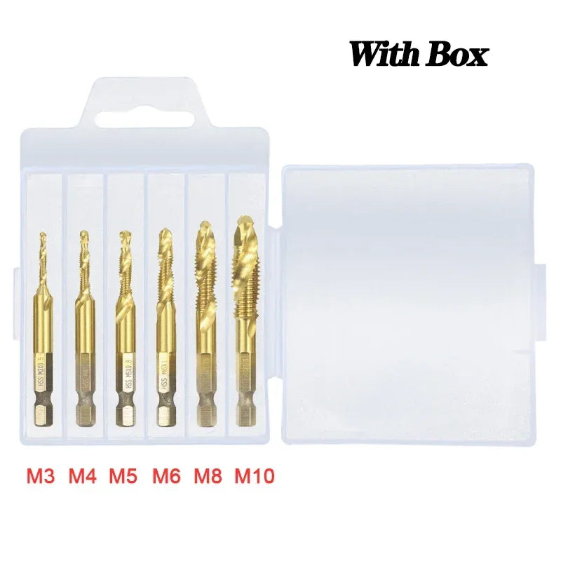 6-Pc Metric Titanium Drill Tap Bit Set M3–M10 | 1/4" Hex Shank