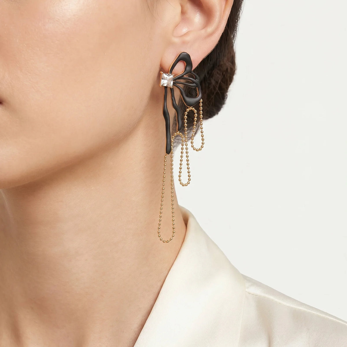 Black Bowknot CZ Tassel Earrings – 18K Gold Plated Steel Drop Earrings SPOT