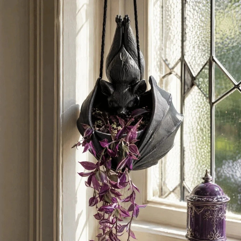 Gothic Bat Hanging Planter – Black Bat Wing Succulent Pot Hanging Planter SPOT