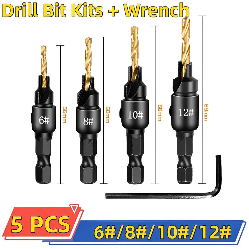 5-Pc Countersink Tapered Drill Bit Set – Hex Shank Wood Countersink Drill Bit Set SPOT Titanium Plating6-12