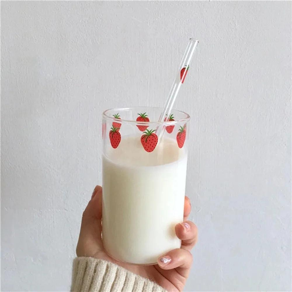 Strawberry Cute Glass Cup 300ml – Heat Resistant with Straw Glass Cup SPOT