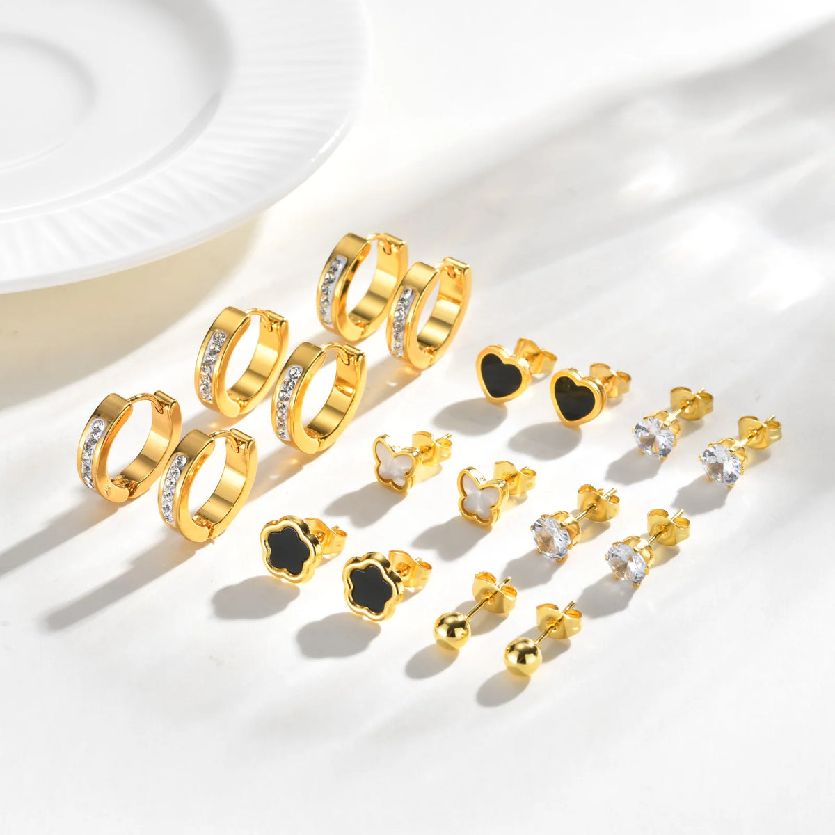 Gold Plated Black Flower Stud & CZ Hoop Earrings Set for Women Earrings Set SPOT