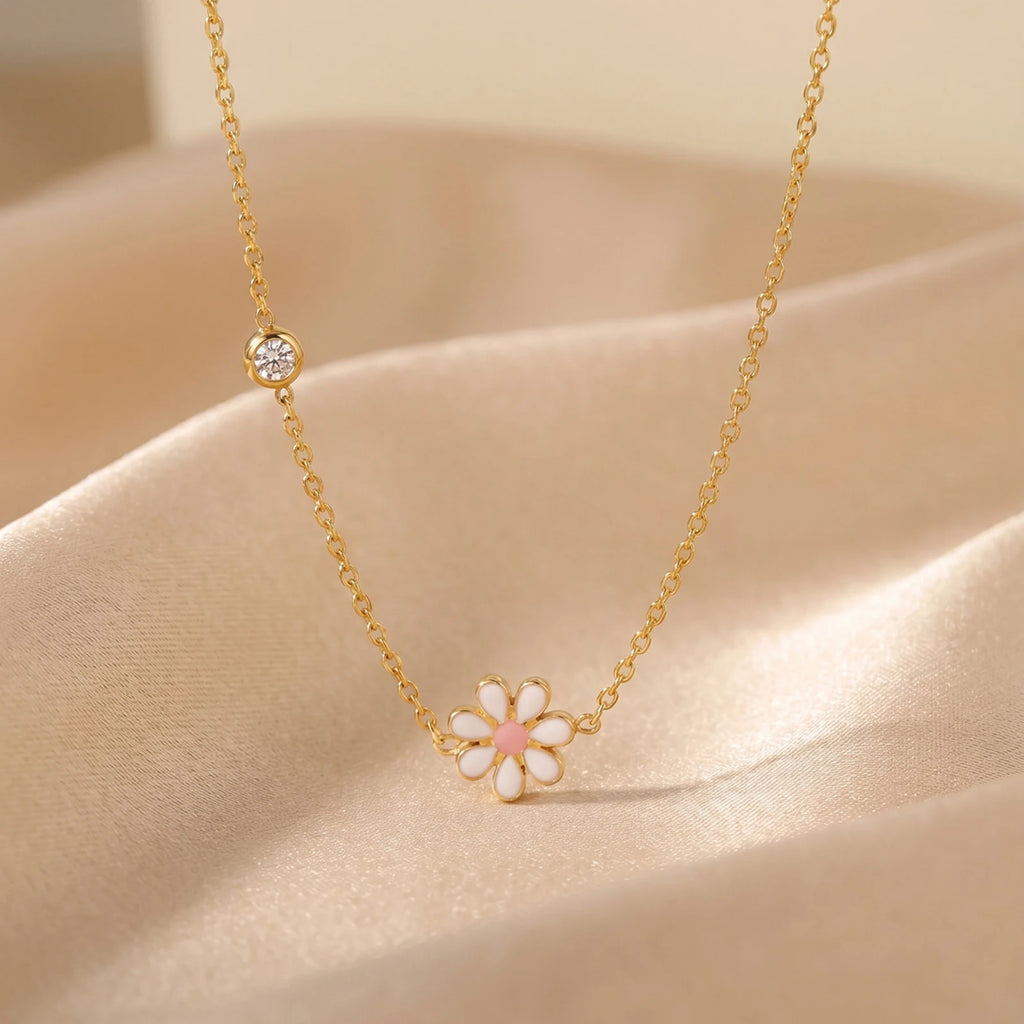 Enamel Daisy Flower Necklace – Stainless Steel CZ Chain Pendant Necklace SPOT