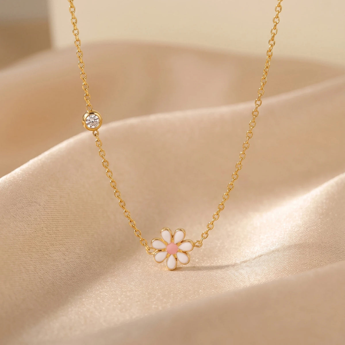 Enamel Daisy Flower Necklace – Stainless Steel CZ Chain Pendant Necklace SPOT