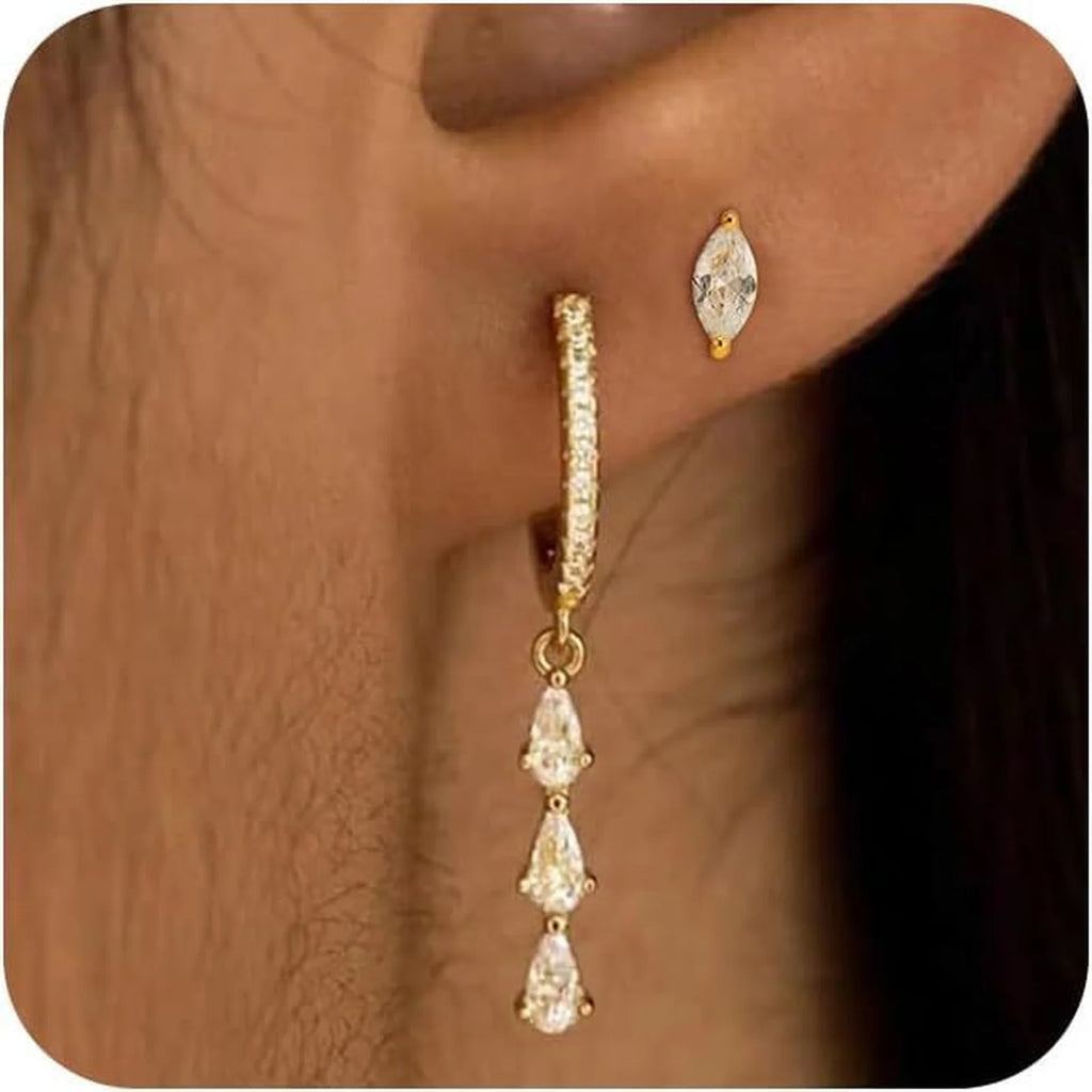 14K Gold Plated Drop Fringe Earrings – CZ Marquise Studs Drop Fringe Earrings SPOT