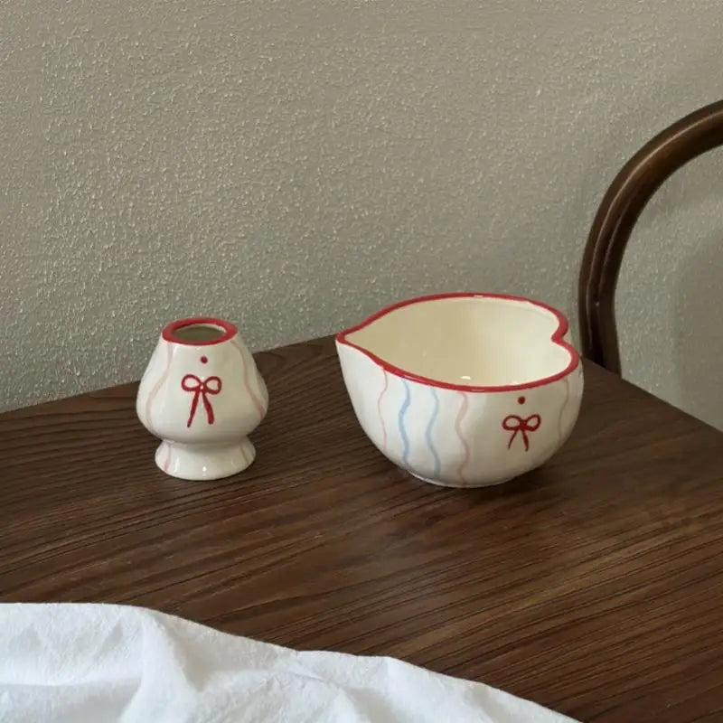 Heart Ceramic Matcha Bowl & Whisk Holder Set – Hand-Painted Ceramic Tea Set SPOT