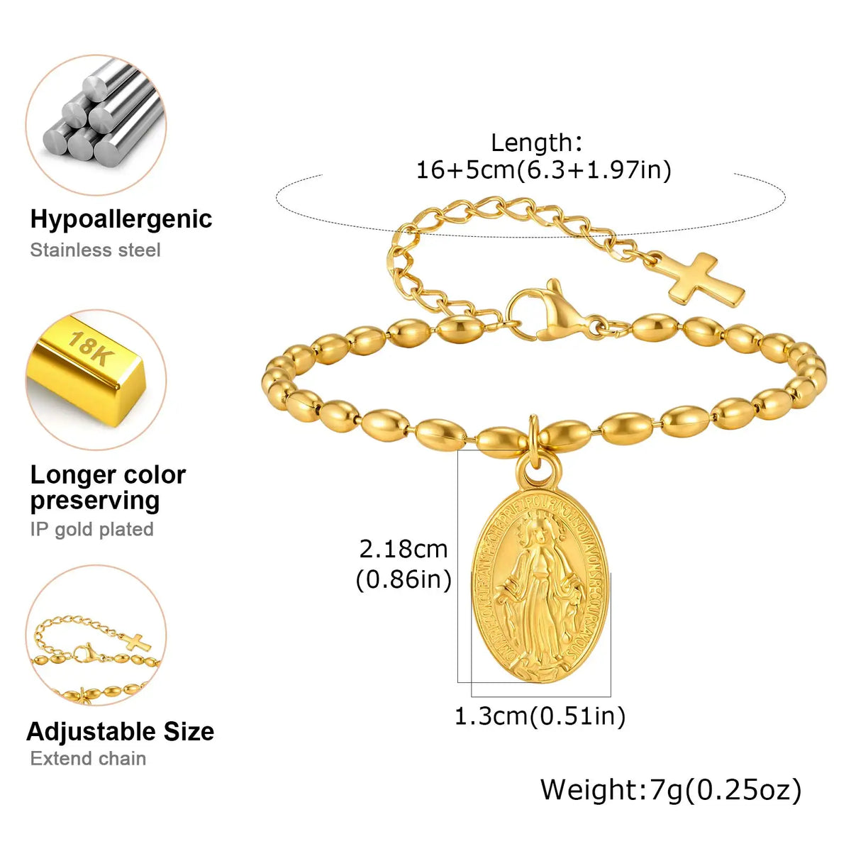 18K Gold Virgin Mary Rosary Bracelet – Stainless Steel Women Religious Bracelet SPOT