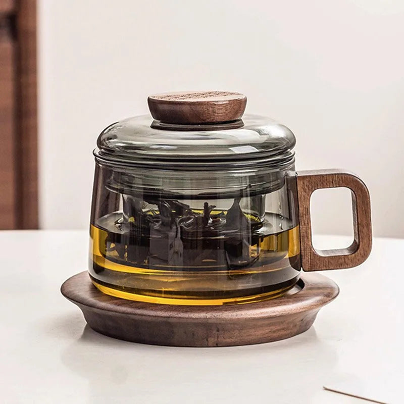 200ml Heat-Resistant Glass Tea Cup with Filter & Wood Handle Glass Tea Cup SPOT