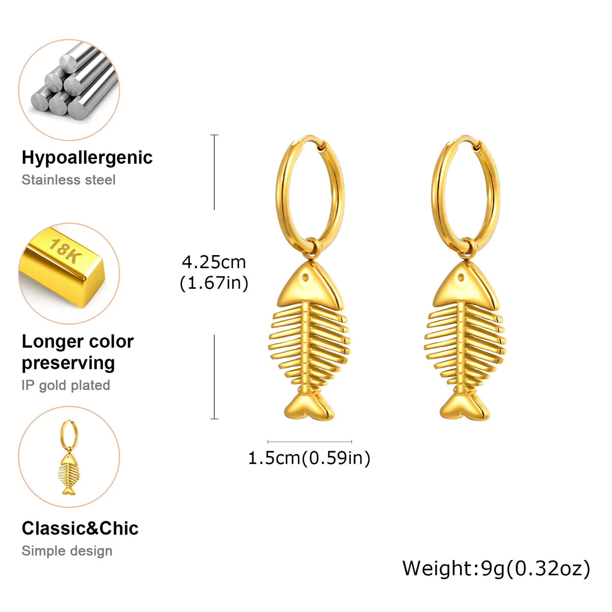 Asymmetric Fish Bone Dangle Earrings – Gold Stainless Steel Dangle Earrings SPOT
