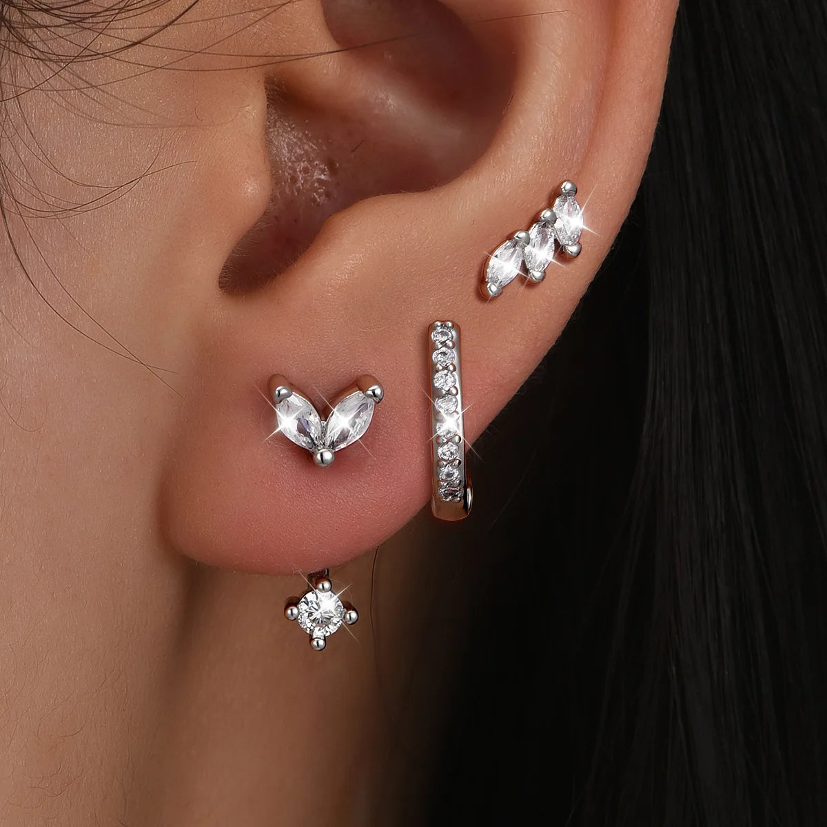 Huggie Stud Earrings Set – Marquise CZ Leaf Drop, 3 Pairs Huggie Stud Earrings SPOT