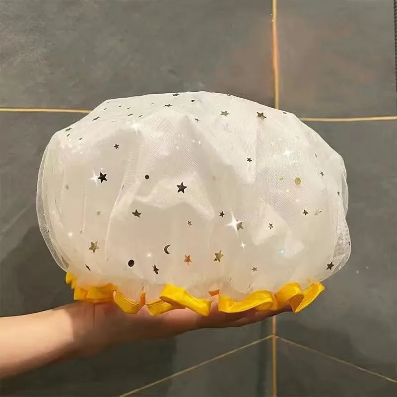 Waterproof Double-Layer Shower Cap – Reusable Starry Sky Shower Cap SPOT Yellow