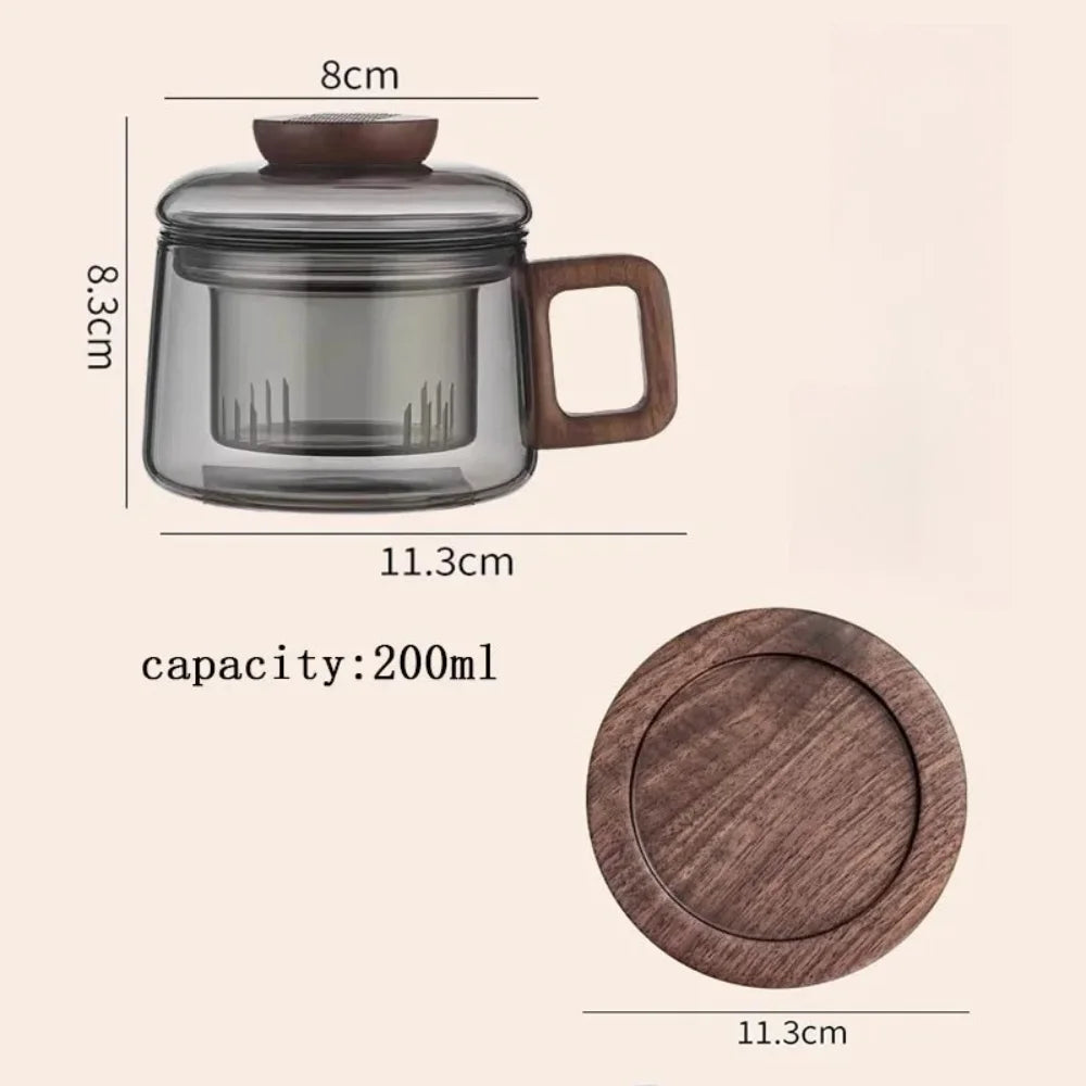 200ml Heat-Resistant Glass Tea Cup with Filter & Wood Handle Glass Tea Cup SPOT