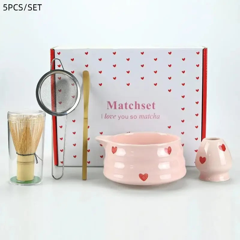 Heart Decal Ceramic Matcha Set – Bowl, Whisk, Holder & Scoop Matcha Tea Set SPOT 5pcs