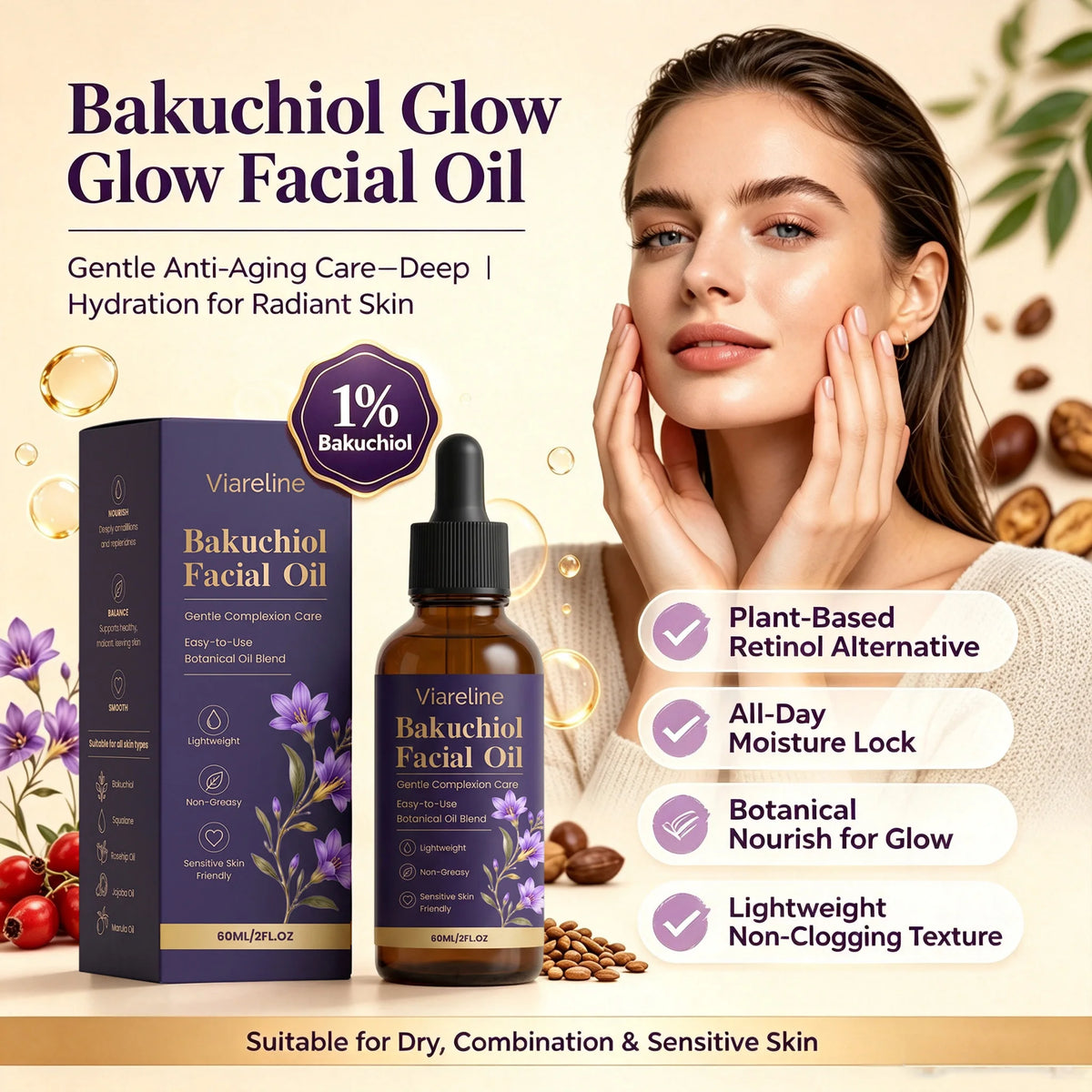 VIARELINE Bakuchiol Facial Oil – Botanical Serum 60ml Facial Serum Oil SPOT