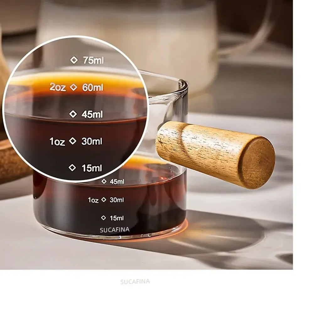 Glass Espresso Measuring Cup with Wood Handle | Coffee Mug Espresso Measuring Cup SPOT