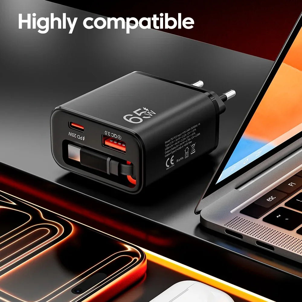 65W USB-C Wall Charger QC 3.0 & PD + Retractable Cable USB-C Wall Charger SPOT