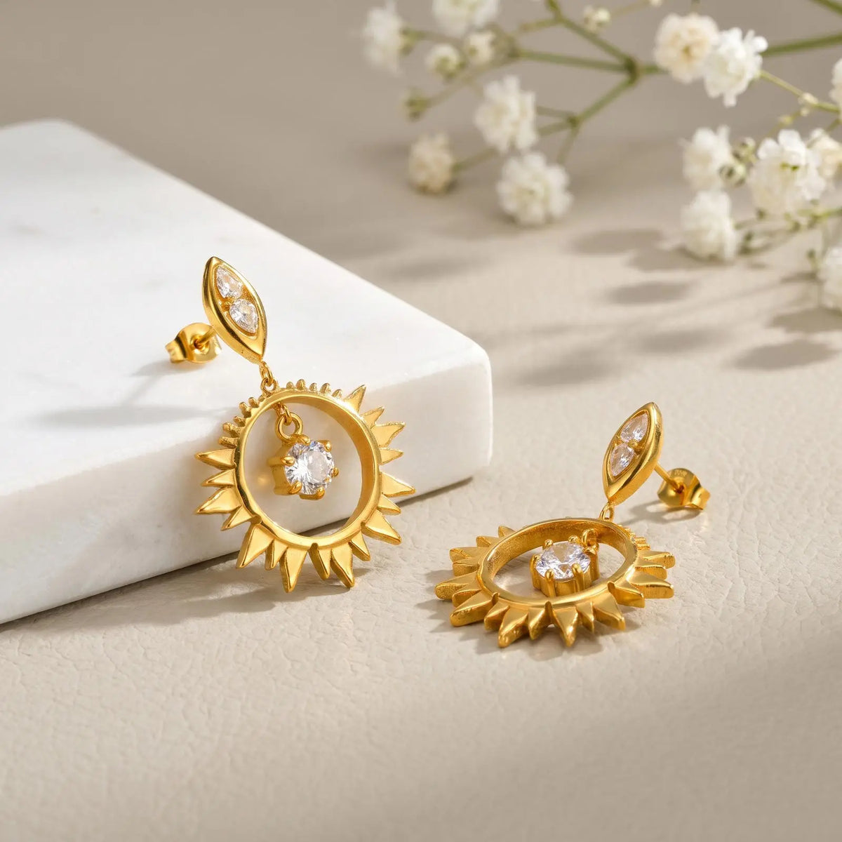 Zirconia Sun Drop Earrings – Gold Hypoallergenic Stainless Steel Drop Earrings SPOT