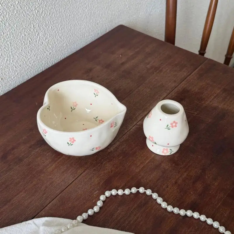 Heart Ceramic Matcha Bowl & Whisk Holder Set – Hand-Painted Ceramic Tea Set SPOT A10