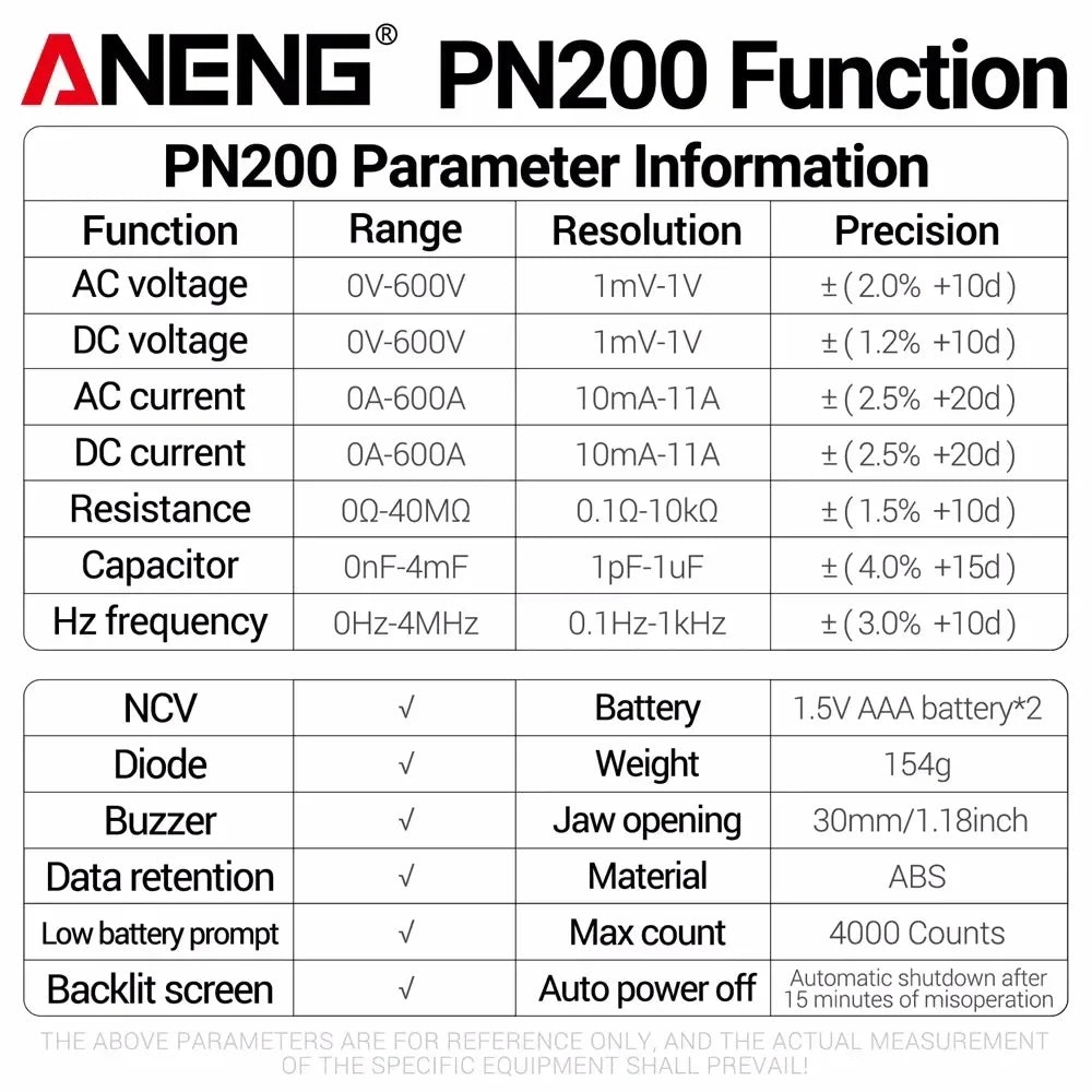 ANENG PN200 Digital Clamp Meter 600A DC/AC Multimeter NCV Digital Clamp Meter SPOT