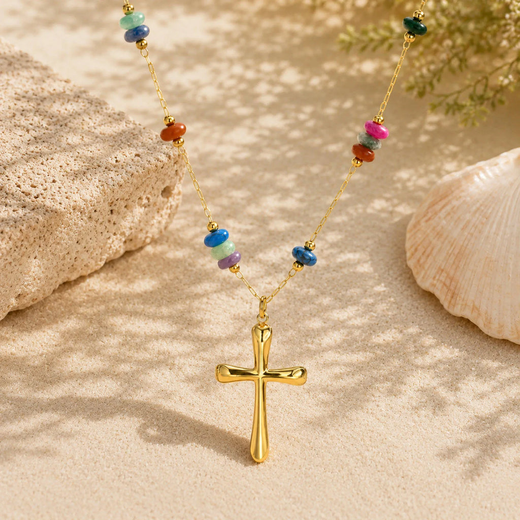Natural Stone Beaded Cross Pendant Necklace – 18K Gold PVD Pendant Necklace SPOT