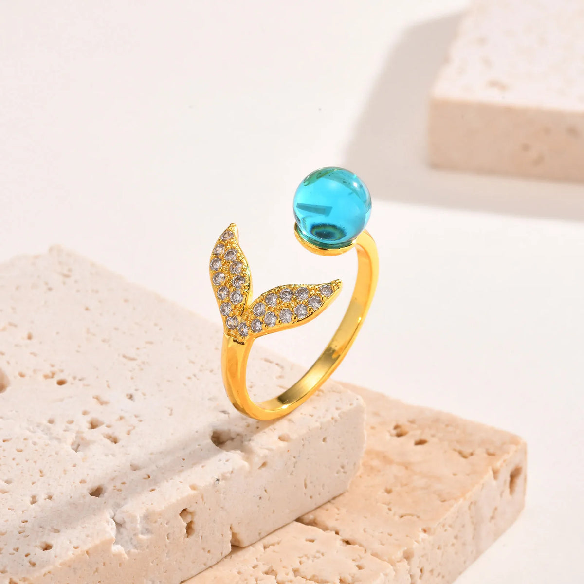 Mermaid Tail Adjustable Ring – 18K Gold Pavé CZ Statement Fashion Statement Ring SPOT