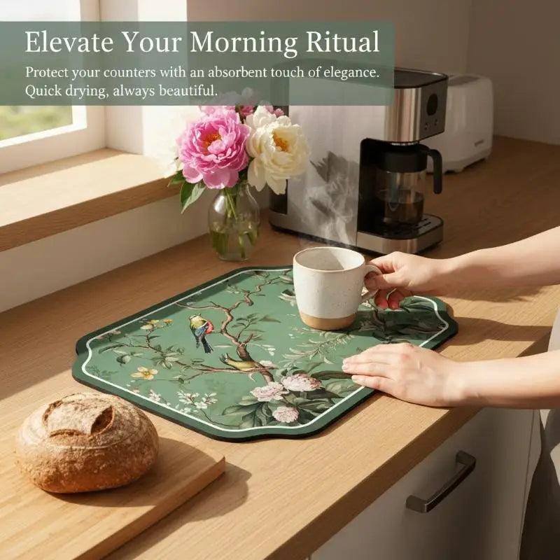 Vintage Bird Floral Kitchen Drying Mat – Absorbent Non-Slip Kitchen Drying Mat SPOT