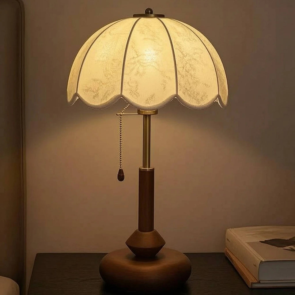 Vintage Wooden Table Lamp – Scalloped Floral Fabric Shade Vintage Table Lamp SPOT