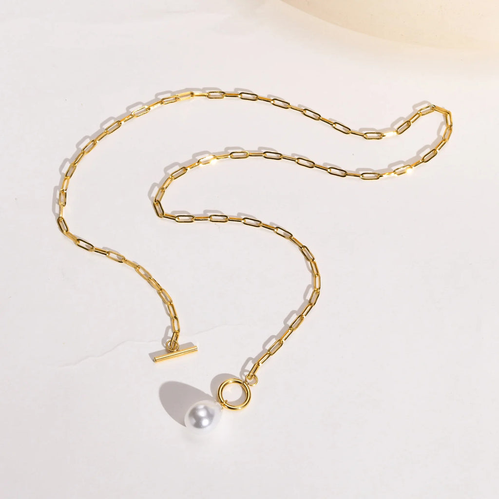 Mini Pearl Toggle Necklace – Gold Paperclip Chain for Women Pearl Pendant Necklace SPOT