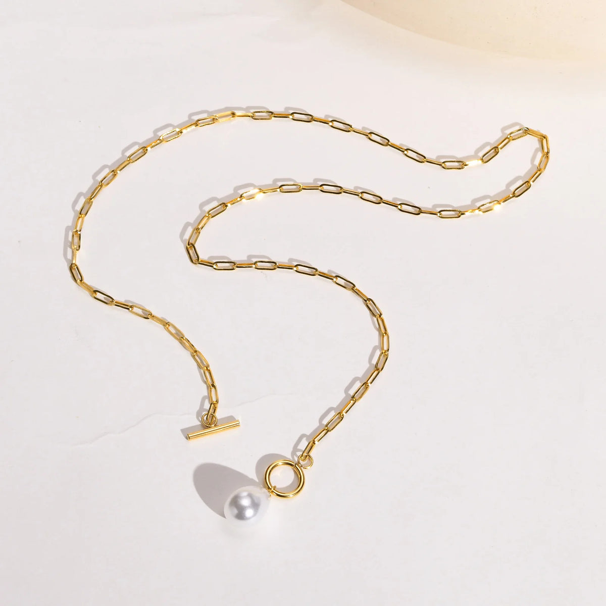 Mini Pearl Toggle Necklace – Gold Paperclip Chain for Women Pearl Pendant Necklace SPOT
