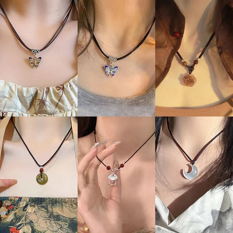 Chinese Retro Braided Rope Choker Necklace – Moon Butterfly Pendant Choker Necklace SPOT