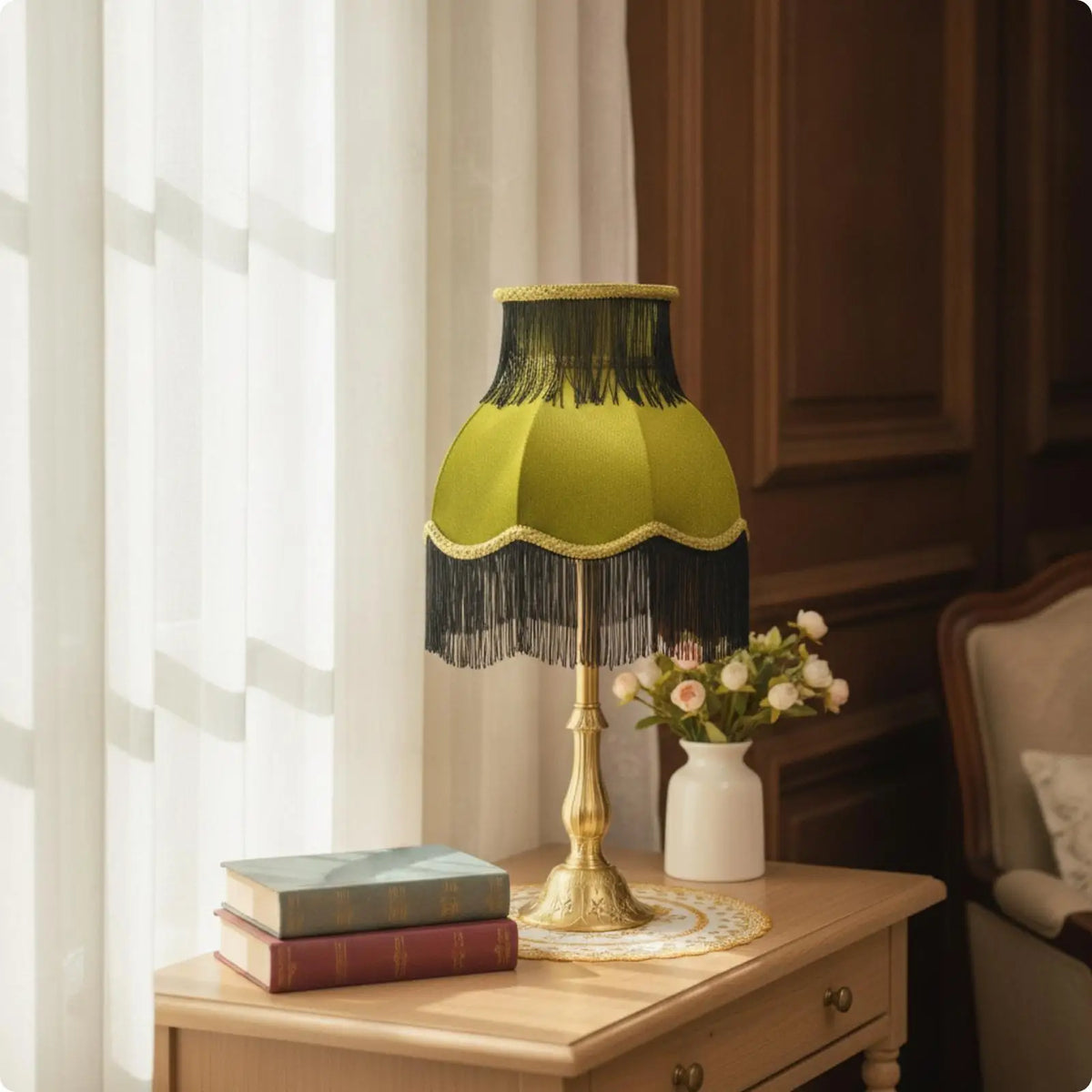 Vintage Table Lamp with Fringe Trim | Elegant Bedside Lamp Vintage Table Lamp SPOT GreenS 100V-240V US Plug