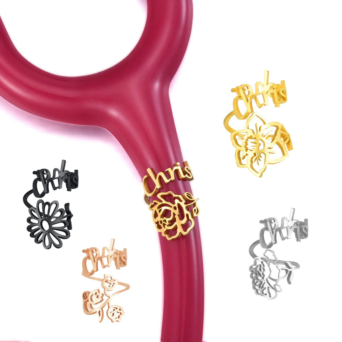 Personalized Birth Flower Stethoscope Name Tag – Stainless Steel Personalized Name Tag SPOT