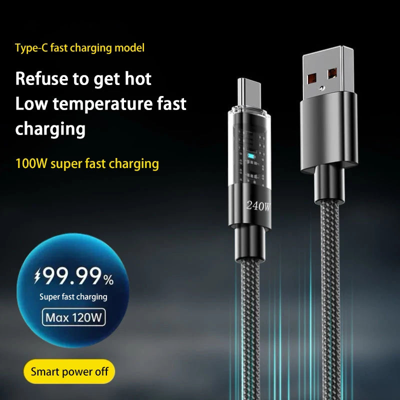 240W USB-C Nylon Fast Charging Cable with LED Display USB Charging Cable SPOT USB Type C 1.5m