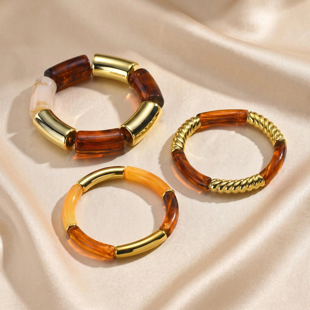 Chunky Resin Stretch Bracelet – Amber Brown Vintage Stack Jewelry Resin Stretch Bracelet SPOT