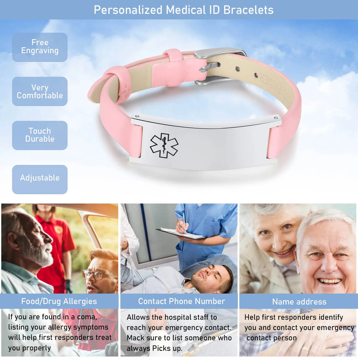 Meaeguet Leather Medical Alert ID Bracelet – Free Engraving ID Alert Bracelet SPOT