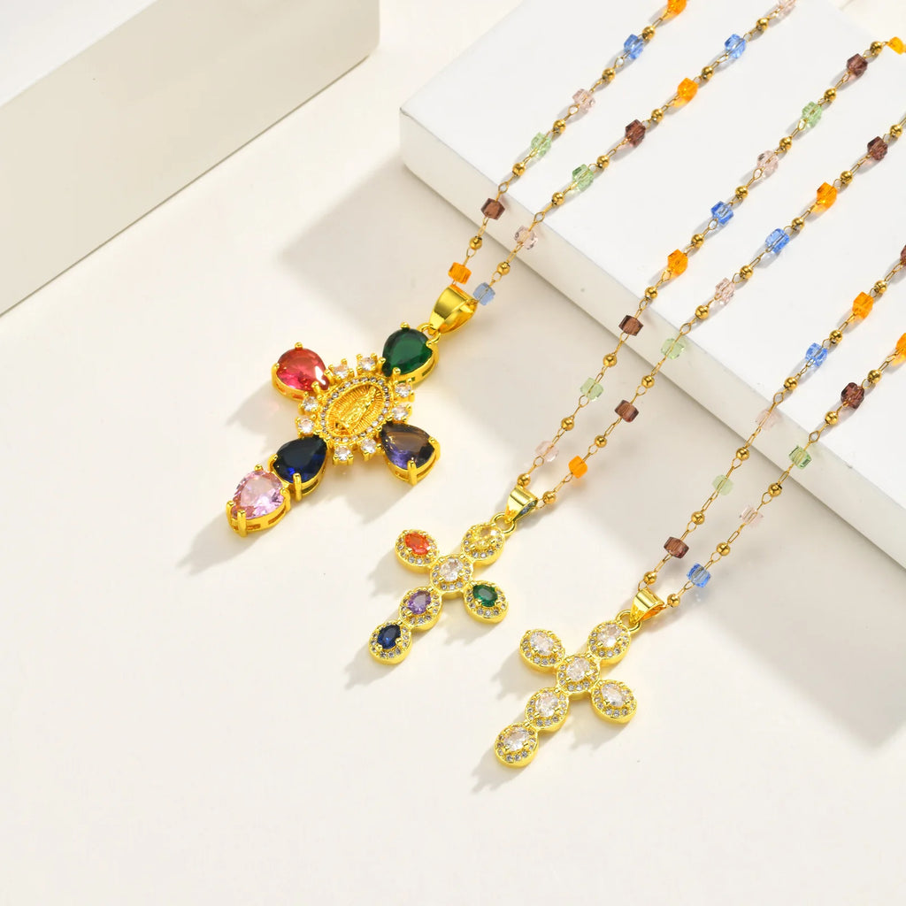 Multicolor CZ Cross Necklace – 18K Gold Plated Stainless Steel Cross Pendant Necklace SPOT
